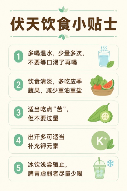 [第7屏] 伏天饮食小贴士汇总页。[氛围/风格] 干净清晰的清单排版风格，清爽整洁，信息直观。[元素布局] 顶部放置大标题「伏天饮食小贴士」，下方分点列出五条饮食注意事项，每条搭配小图标装饰，整体排版预览效果