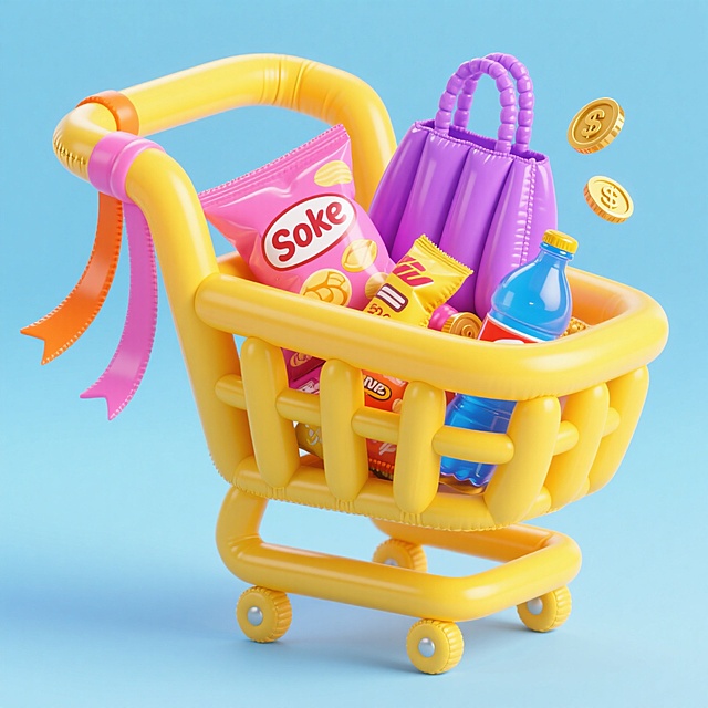 亮黄色购物车，车内装满各种商品、购物袋，点缀金币、彩带，浅蓝色背景