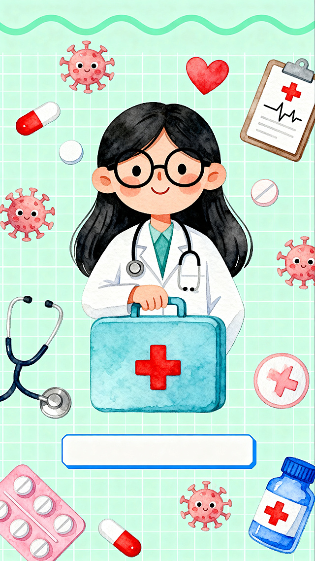 水彩手绘儿童插画，小学生健康讲座海报，整体为清新柔和的浅绿色调，背景是带白色细网格的浅绿底色，顶部有淡绿色波浪装饰线条。画面中心：戴黑框眼镜、面带微笑的卡通女医生，黑色长发，穿着白大褂，脖子挂听诊器，表情温和治愈。医生右手搭在一个带红十字的蓝色急救箱上。周围元素：画面中散落着卡通病毒、红白双色胶囊、圆形药片、听诊器、带红十字的病历夹、带心电图的爱心图标、蓝色药瓶、粉色药板等医疗元素，元素分布均匀不杂乱。画面下方中央有一个白色矩形文本框，带蓝色边框，预留文字位置。整体风格：低饱和度马卡龙配色，线条柔和干净，无生硬阴影，平涂水彩质感，边缘带轻微水彩晕染效果，画面干净清爽，无多余噪点，分辨率高，细节清晰，适合幼儿主题。
