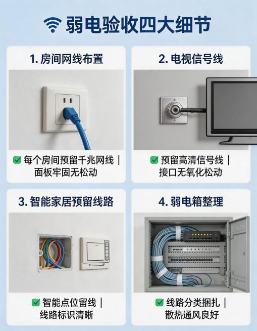 弱电验收细节海报，画面分四个模块，依次展示房间网线布置、电视信号线、智能家居预留线路、弱电箱整理场景，对应标注4个验收细节，整体专业清晰，蓝灰主色调预览效果