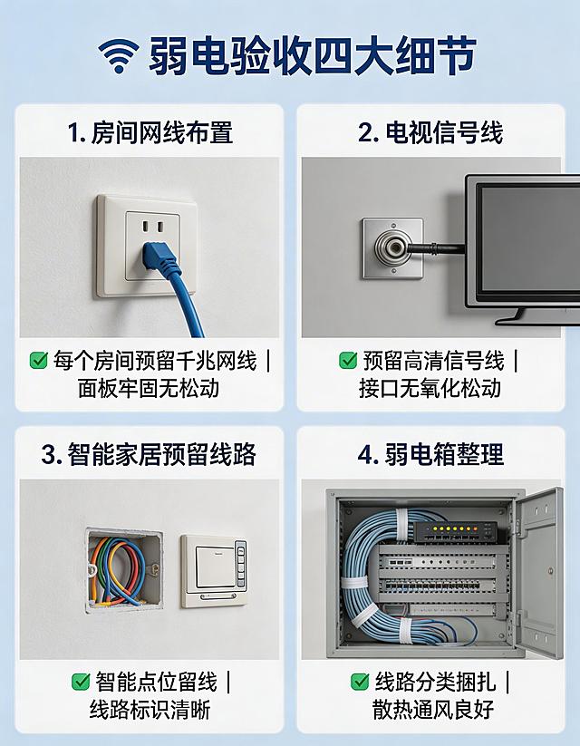 弱电验收细节海报，画面分四个模块，依次展示房间网线布置、电视信号线、智能家居预留线路、弱电箱整理场景，对应标注4个验收细节，整体专业清晰，蓝灰主色调