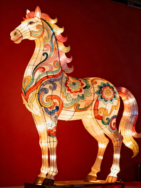 国风抽象风格，纸糊生肖马灯（全身呈现）；马儿姿态胸高气傲，尽显高傲优雅神韵，马身由柔美灵动的线条与层次分明的花纹组合而成，融入中国传统纹饰、敦煌纹元素；整体斑斓绚丽、美轮美奂；背景为纯红色预览效果