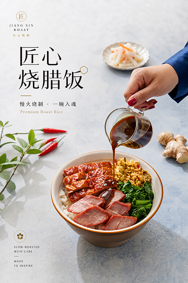 基于这张烧腊饭美食摄影图设计高端美食海报，保持原图主体画面不变，仅添加符合高端餐饮品牌调性的文字排版，整体风格高级简约