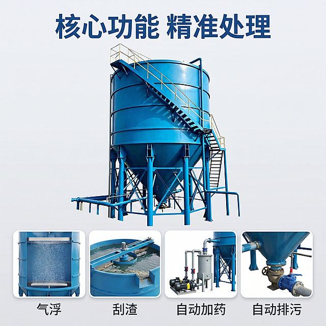 [主图-2]竖流式沉淀池核心功能卖点展示。
[氛围风格] 工业专业硬核风，保持与首图整体风格光影完全统一；
[画质] 商业摄影质感、光线柔和通透、产品清晰真实、画面干净高级，精细化处理。
[元素] 竖流式沉淀池整体大图展示在上半部分，下半部分并排四个功能局部框图，分别展示气浮结构、刮渣装置、加药系统、排污口四个核心功能部件，每个框图下方标注对应功能名称。保持沉淀池外观结构颜色与原图一致。浅灰色背景，整体满版排版，信息密度适中，层级清晰。
[光影] 正面均匀布光，每个框图光影与整体保持一致，边缘清晰，细节锐利。
[配色] 主色调产品蓝色，背景浅灰色，功能框图白色边框，文字深灰蓝色。
[视角构图] 上部产品整体平视，下部框图细节展示，整体构图饱满，分区清晰。
[文字版式] 顶部大标题“核心功能 精准处理”，深蓝色粗体；下半部分四个功能框分别标注“气浮”“刮渣”“自动加药”“自动排污”，文字在框下方居中，简洁明了。文字不遮挡主体，对比度清晰。
[比例分辨率] 1:1 比例，800*800像素，2k分辨率，文字清晰锐利，超高清。
[负向提示词] 变形，水印，文字错乱，产品图模糊，背景杂乱，配色刺眼，遮挡主体，结构失真，光影不统一。