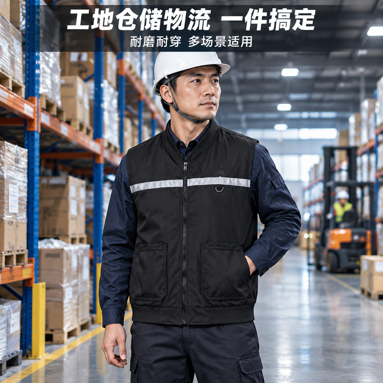 [主图-3] 真实工作场景穿着展示图，展示马甲在工地/仓储/物… - 图片创意预览