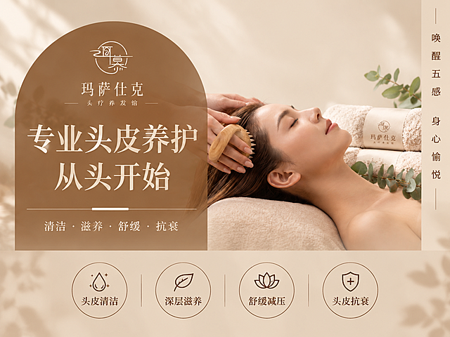 参考第二张图的版式骨架，对第一张头疗养发馆海报进行重新排版设计。保留第一张图的暖米色自然色调不变，保留第一张图中的全部文字内容和人物场景元素。版式结构参考第二张图：左侧为拱形信息卡片区域，右侧为人物场景画面，底部为一排圆形卖点图标。具体分区如下：

【左侧拱形卡片区】（参考第二张图左侧拱形结构）：
- 顶部为品牌logo圆形标识，下方是品牌名"玛萨仕克"和小字"头疗养发馆"
- 主标题大字："专业头皮养护 从头开始"
- 副标题："清洁 · 滋养 · 舒缓 · 抗衰"
- 拱形卡片为半透明暖棕色渐变，与整体暖米色色调协调

【右侧画面区】：保留第一张图中女性接受头部按摩的场景画面，包括按摩手部、木质按摩梳、毛巾和尤加利叶等元素，暖米色自然光氛围，保持原色调不变

【底部卖点带】（参考第二张图底部圆形图标结构）：
- 四个圆形图标横向排列，分别对应："头皮清洁"、"深层滋养"、"舒缓减压"、"头皮抗衰"
- 每个圆内有简约线条图标和下方文字说明

【右侧竖排装饰文字】：参考第二张图右侧竖排文字风格，用小字竖排点缀"唤醒五感 身心愉悦"

整体风格：高端养生、温暖柔和、版式精美，暖米色调统一，文字清晰可读，排版层次分明。画面中所有信息区域必须填充完整合理的内容，不得出现空白框或占位。