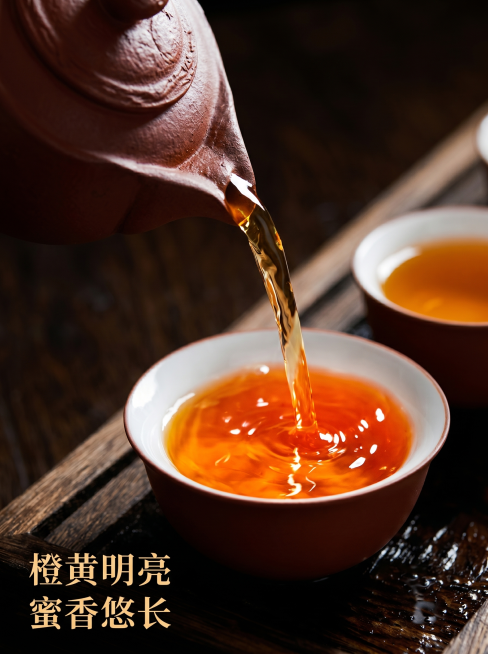 [详情页图4] 滇红冲茶动态展示竖版图，延续轻奢国风风格。
[氛围风格] 暗调国风，动态瞬间，突出茶汤诱人色泽，增强食欲感。
[画质] 商业摄影质感、光线柔和通透、产品清晰真实、画面干净高级。
[元素预览效果