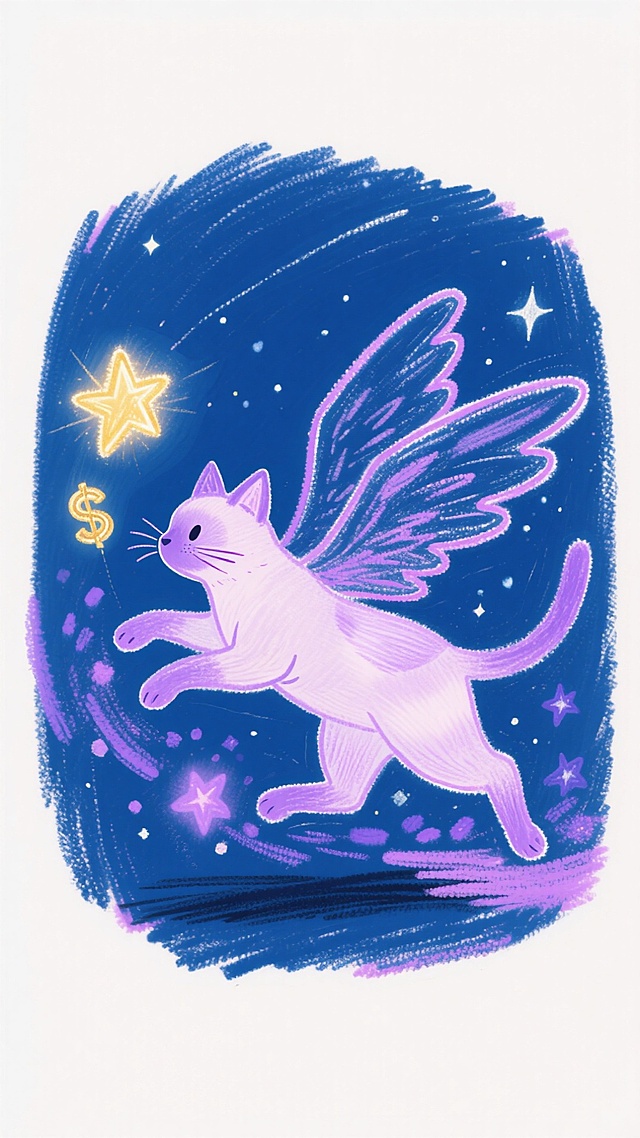 一只优雅的淡紫色暹罗猫，在深蓝色的星空背景下追逐着一颗长着翅膀、会发光的金色星星（象征财富）。它轻盈地跳跃，身后带起一串梦幻的紫色光点和闪烁的星尘，整体画面充满神秘感和动感，寓意捕捉好运。