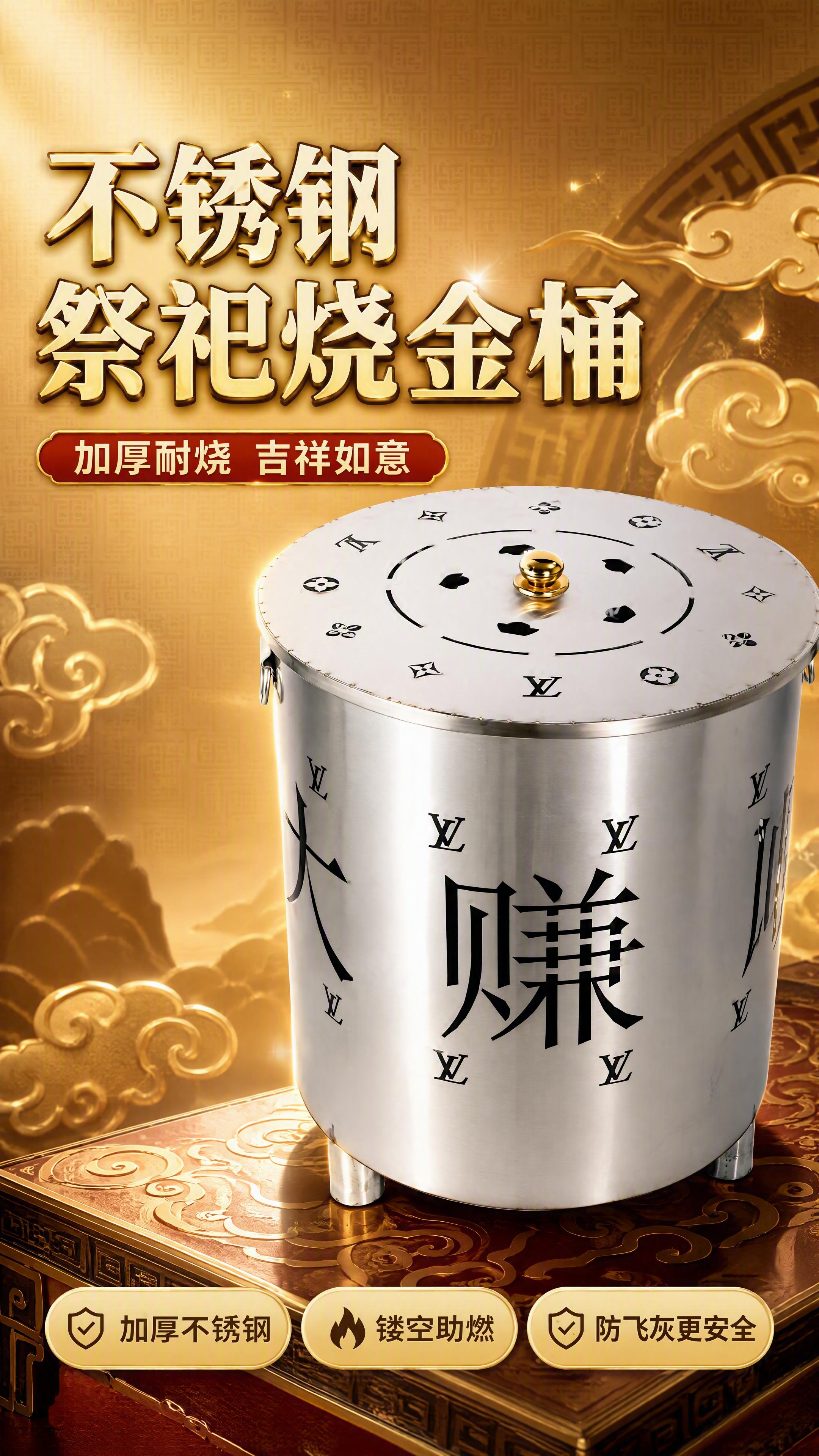 第1张 详情页头图主视觉-不锈钢祭祀烧金桶新品宣传海报。本张使… - 图片创意预览