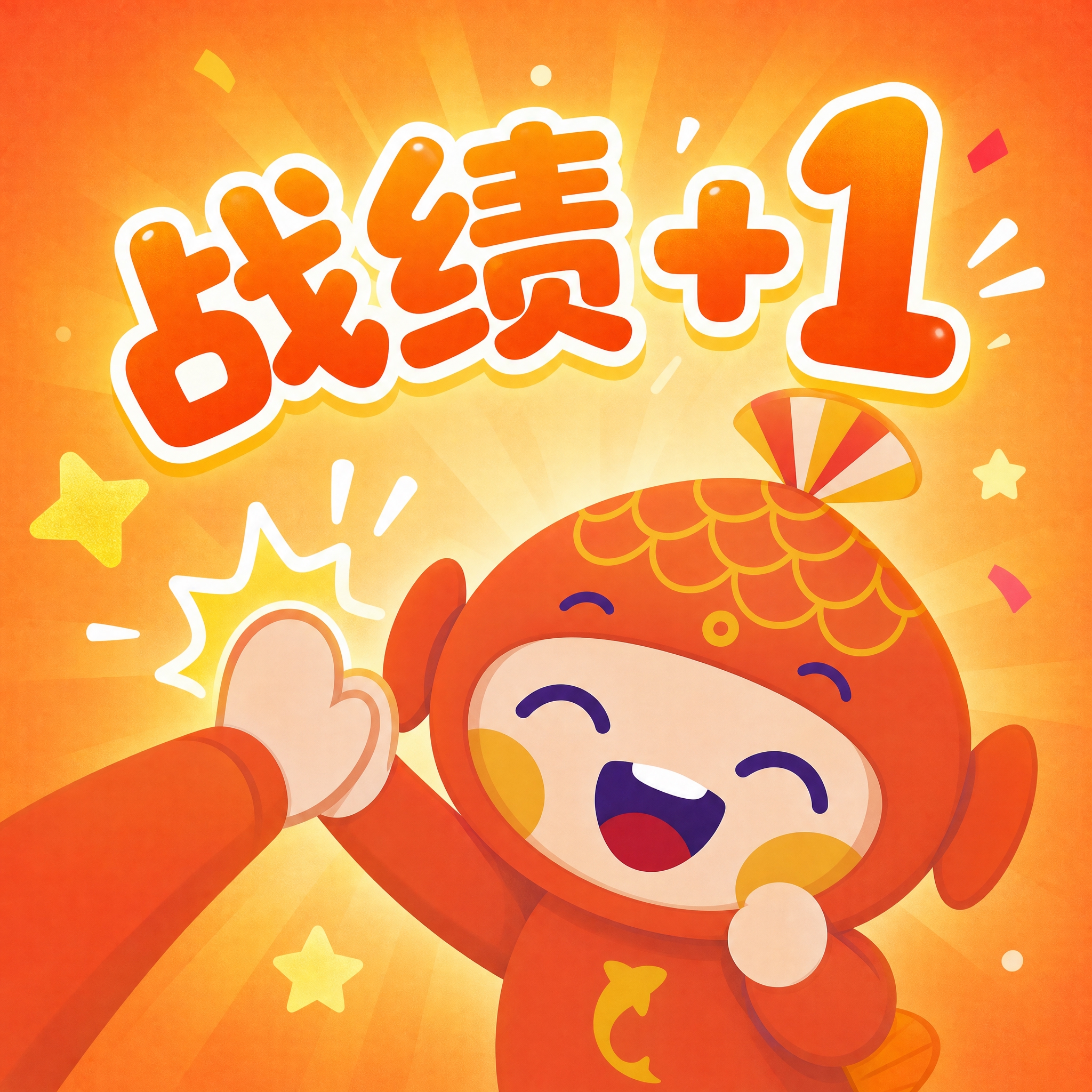 基于参考图中的橙色鱼形卡通IP形象，设计一张"战绩+1"主题表… - 图片创意预览
