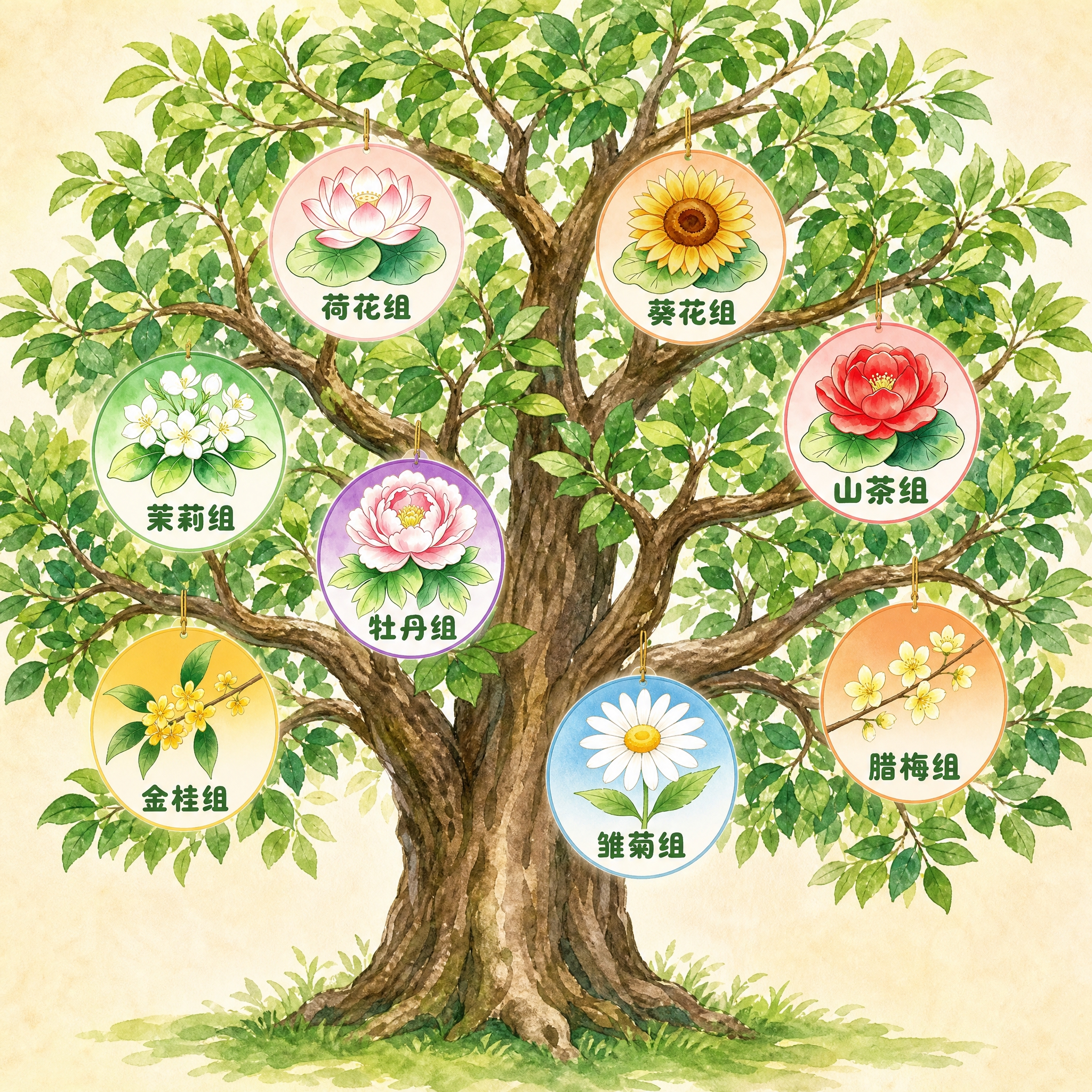 将8个小组徽章（荷花组、葵花组、山茶组、茉莉组、牡丹组、金桂组… - 图片创意预览