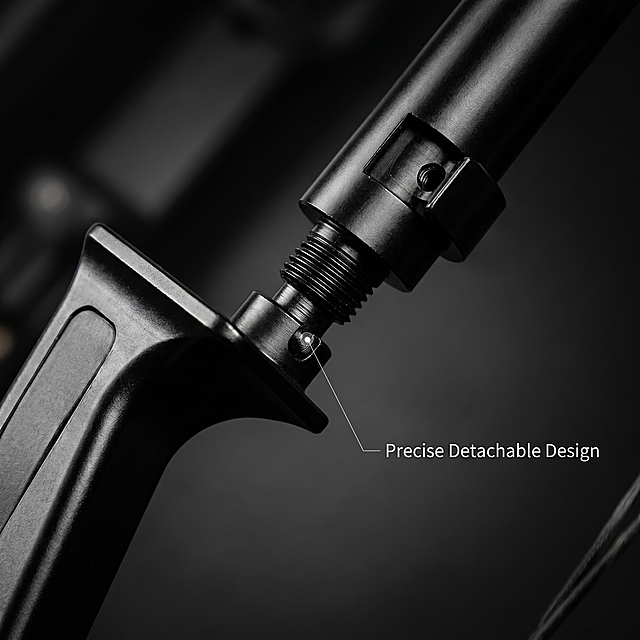 [Main image 3] Core highlights detail display diagram of compound bow. [Atmosphere style] Professional technical product photography, highlighting precision and texture. [Quality] Macro close-up shooting, clear texture, super detailed, commercial high-definition quality. [Elements] Magnify the key connecting part of the detachable arrow shaft of the compound bow, show the precise structure of the disassembly and assembly interface, highlight the processing precision and the smoothness of the disassembly and assembly. Maintain the material and color of the product consistent with the original image, fine processing of metal texture. [Lighting] Hard studio high contrast light, highlight the metal cutting texture and three-dimensional structure, clear level. [Color matching] Dark tone highlights metal luster, background shallow depth of field, focus on the details. [Perspective composition] Close-up perspective, focus on the connection structure, shallow depth of field, prominent focus. [Text layout] Use fine guide lines to connect the key disassembly parts, with English text "Precise Detachable Design" next to it, the text is concise and clear, does not block the details. [Proportion resolution] 1:1 proportion, 2k resolution. [Negative prompt] Deformation, watermark, text clutter, blurred picture, messy background, Chinese characters.