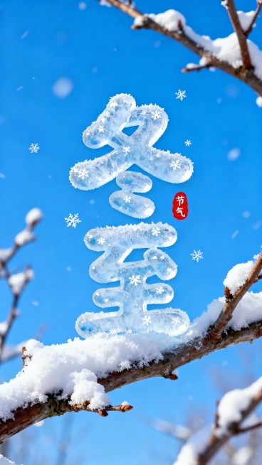画面中央是冰霜圆润可爱字体形成“冬至” 二字，字体上可以有小小的雪花元素点缀。背景是蓝天，画面中有白雪冬日的树枝。立冬字旁红色小印章”节气“点缀，整体画面色彩明亮预览效果