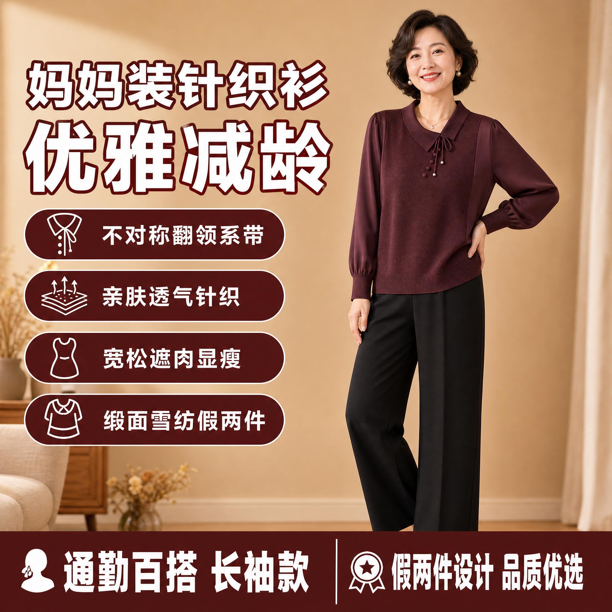 [单张主图] 妈妈装翻领系带针织衫 爆款促销感主图，1:1淘宝… - 图片创意预览