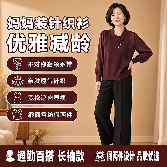 [单张主图] 妈妈装翻领系带针织衫 爆款促销感主图，1:1淘宝天猫主图，突出不对称翻领系带设计、优雅减龄、亲肤透气、遮肉显瘦、缎面雪纺拼接假两件等核心卖点，3秒内传达卖什么、强在哪、为何买。

[参考比对] 参考图为酒红色妈妈装针织衫上身高清近景图，人物为长卷发女性，画面以产品上身穿著效果为主体，纯色暖棕背景，突出领口系带和缎面袖子细节。本次复刻保留色调体系（酒红+暖棕）和光影风格（柔和自然光），其余维度差异化：构图从近景上半身改为全身穿搭+信息排版，视角从正面近景改为45度中景，人物换为短发成熟女性，场景从纯色背景改为简约客厅场景，增加卖点文案和促销信息。

[画面主体] 主体为1位40-50岁成熟亚洲女性模特，身穿酒红色妈妈装翻领系带针织衫，搭配黑色阔腿裤和低跟皮鞋，站姿优雅自然，身体微侧45度，一手轻搭腰间，一手自然下垂，展示衣服整体版型和上身效果。针织衫颜色、不对称翻领系带设计、领口珍珠装饰扣、缎面雪纺拼接袖子、宽松版型、针织面料纹理必须与输入产品图完全一致。主体占画面50%，位于画面右侧偏中位置，完整不裁切。

[构图版式] 采用左文右品标签参数型爆款版式。左侧35%-40%区域放主标题和卖点标签，右侧55%-60%放模特穿搭主体，底部20%用通栏信息条收口。

[场景元素] 背景为简约暖棕色渐变背景，带轻微肌理质感，左下角点缀米色布艺沙发一角和干花装饰，营造温馨居家通勤氛围。左侧卖点区用4个圆角胶囊标签承接卖点，每个标签配简约线稿图标。底部通栏用深酒红色打底，白色文字突出核心利益点。

[文案版式] 主标题："妈妈装针织衫 优雅减龄"，分两行排列，第一行"妈妈装针织衫"字号稍小，第二行"优雅减龄"字号最大加粗，位于左上方。主标题下方4个卖点胶囊标签，从上到下依次："不对称翻领系带""亲肤透气针织""宽松遮肉显瘦""缎面雪纺假两件"，每个标签左图标右文字。底部通栏左侧大字"通勤百搭 长袖款"，右侧"假两件设计 品质优选"。所有文字为中文，字体用粗黑体，主标题白色加深酒红色描边，卖点标签深酒红色底白字，底部通栏白字。

[光影质感] 柔和自然光从左上方照射，人物和衣服有自然明暗过渡，针织面料呈现细腻纹理质感，缎面袖子有柔和光泽，整体影调温暖明亮，阴影柔和不生硬，背景有轻微虚化突出主体。

[配色字体] 主色：酒红色（取自产品本身），辅助色：暖棕色、米白色，强调色：深酒红色。字体：粗黑体，主标题最大，卖点标签文字中等，底部通栏文字清晰可读，字号层级分明。

[比例分辨率] 1:1正方形，2K分辨率，文字清晰可辨，产品细节清楚。

[负向提示词] 变形、错字、糊字、水印、平台Logo、伪Logo、主体遮挡、背景杂乱、低清晰度、衣服结构错误、手指畸形、面部扭曲、颜色偏差、悬浮感、穿模