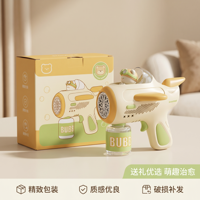 [主图 5] 萌趣小熊飞行员摆件整体展示收尾
[氛围风格] 温馨舒适家居治愈风，礼盒送礼场景，整洁温馨
[画质] 商业摄影质感，光线柔和通透，产品清晰真实，画面干净高级
[元素] 萌趣小熊飞行员摆件和预览效果