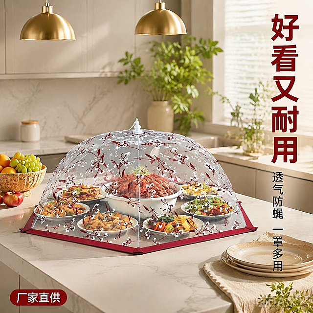 拼多多电商主图，红色印花圆形饭菜罩场景图，暖色调现代简约厨房场景。饭菜罩置于白色大理石岛台上，旁边摆放新鲜蔬果、陶瓷碗碟，背景是浅灰色橱柜、金色吊灯、ins风绿植，整体色调温暖明亮有质感。保持饭菜罩外观（枣红色梅花印花、圆形伞状结构、网纱材质、红色包边）与输入产品图完全一致，杜绝变形和色差，精细化处理，产品呈45度角展示。商品主体占比约65%。右侧竖排大标题"好看又耐用"大号红色粗体字，下方小字"透气防蝇 一罩多用"，左下角小标签"厂家直供"。文字清晰可读，不遮挡产品主体。商业摄影质感，自然光从侧面照入，光影柔和，高级家居感。画面禁止出现尺寸数字、多余的手、畸形手、水印、电商平台Logo。