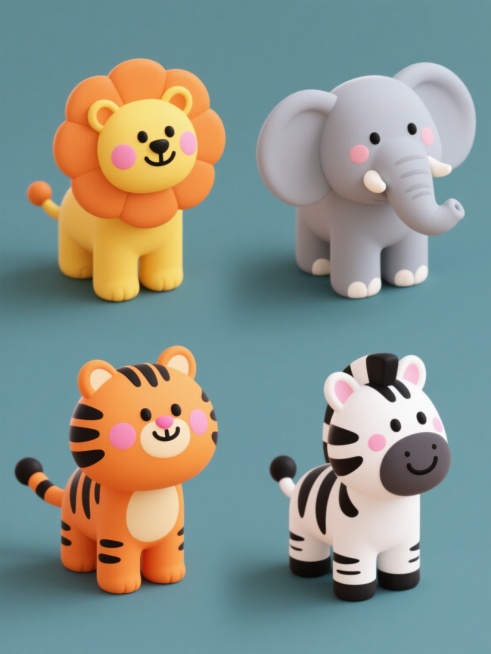 软3D风格儿童插画，四个可爱动物角色独立在纯色背景上，色彩鲜明充满童趣。左侧第一个是黄色身体、蓬松橙色鬃毛的微笑狮子，脸颊有粉色圆形腮红，黑色小眼睛和微笑的嘴巴；第二个是橙色身体、黑色条纹的微笑老虎，同样有粉色腮红和可爱表情；右侧第一个是灰色身体、白色象牙的微笑大象，耳朵宽大；第二个是白色身体、黑色条纹的微笑斑马。四个角色等距规整排列成两行两列，形成和谐的系列素材集合，整体风格统一，线条圆润，……预览效果