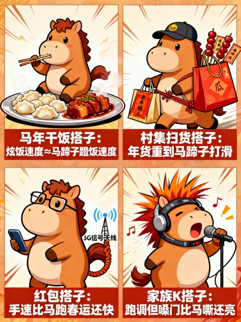 形式：四格漫画式海报
结合热梗：“搭子文化”
内容：
饭搭子马：圆滚滚小马叼着筷子，骑在装满年夜饭（饺子 / 红烧肉）的餐盘上，配文 “马年干饭搭子：炫饭速度≈马蹄子蹬饭速度”；
逛集搭子马：戴鸭舌帽预览效果
