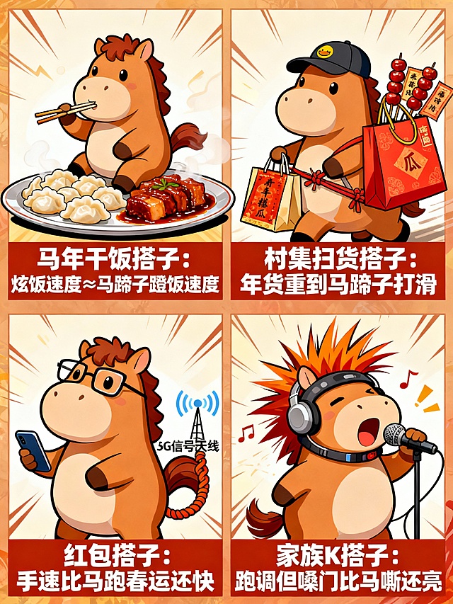 形式：四格漫画式海报
结合热梗：“搭子文化”
内容：
饭搭子马：圆滚滚小马叼着筷子，骑在装满年夜饭（饺子 / 红烧肉）的餐盘上，配文 “马年干饭搭子：炫饭速度≈马蹄子蹬饭速度”；
逛集搭子马：戴鸭舌帽的小马拎着大购物袋（装春联 / 糖瓜），后座绑着糖葫芦串，配文 “村集扫货搭子：年货重到马蹄子打滑”；
抢红包搭子马：戴眼镜的小马举着手机狂点，尾巴缠 “5G 信号天线”，配文 “红包搭子：手速比马跑春运还快”；
K 歌搭子马：戴麦克风头套的小马扯着嗓子唱《套马杆》，鬃毛炸成 “摇滚造型”，配文 “家族 K 搭子：跑调但嗓门比马嘶还亮”。