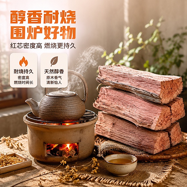 [主图-2] 红芯香木柴核心亮点与使用价值，香气与耐烧卖点。
[氛围风格] 温暖治愈原木风，围炉煮茶场景感，真实生活氛围。
[画质] 商业摄影质感、光线温暖柔和、产品清晰真实、画面有氛围感。
[元素] 画面右侧为红芯香木柴整齐堆叠3-4块，左侧为一个小型陶土炭炉，炉内有正在燃烧的红芯木柴小块，发出温暖橙红色火光，炉上放置一把粗陶茶壶，壶口冒着淡淡白汽。旁边搭配一只小茶杯、干桂花枝与粗麻布垫，营造围炉煮茶的惬意场景。**保持木柴外观（即物理结构、材质质感、红芯颜色、纹理）与输入产品图一致，杜绝任何变形和色差**。商品主体占比约55%，场景元素丰富但不抢主体。
[光影] 炉火光为暖色点光源，从下往上烘托木柴底部；左上方窗光为主光，柔和打亮木柴正面；整体暖调氛围，火光与自然光交融，木柴纹理有明暗层次，阴影自然柔和。
[配色] 主色暖橙火光+红棕木色；辅色陶土褐、米色麻布；点缀茶绿色。
[视角构图] 平视微俯角度，木柴与炭炉茶壶形成三角构图；景深较浅，背景虚化突出主体。
[文字版式] 左侧上方负空间左对齐。大字主文案："醇香耐烧 围炉好物"，暖橙色最大号粗体；辅助短句："红芯密度高 燃烧更持久"，约半高、深棕色。下方两个圆角信息卡，上图标下文字：卡一火焰图标「耐烧持久」「密度高 燃烧时间长」卡二树叶图标「天然醇香」「原木香气 清新怡人」；卡片为米白底深棕字，现代无衬线字体。
[输出要求] 1:1比例，文字清晰锐利，超高清商业摄影质感。
[负向提示词] 变形，文字错乱，产品图模糊，背景杂乱，水印，电商平台Logo，多余的手，多余的手指，畸形手，融合手指，手部扭曲，肢体穿模，人物面部扭曲，关节反折。