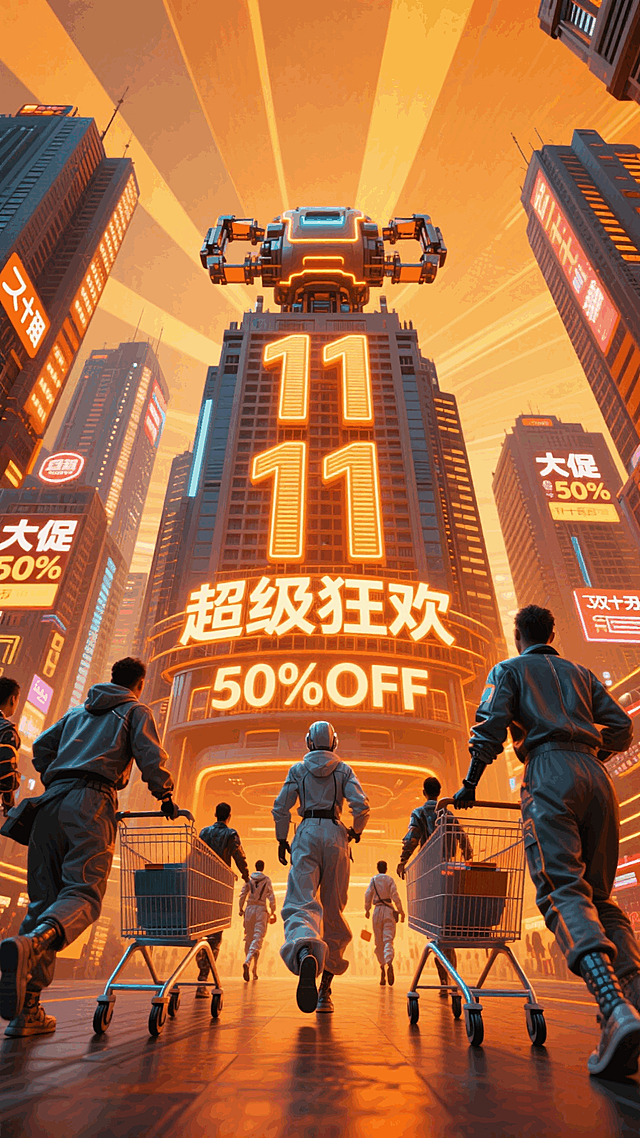 橙黄色调+赛博朋克风格：一栋巨大“11 11”发光机械大字的摩天大楼顶，装饰霓虹文字广告牌“超级狂欢”作为主体，一群未来人推着科技感的购物车奔向主体，周围高耸摩天楼布满密集有 “大促”“50%OFF”的灯牌装饰，仰视角度，广角，放射构图，双十一大促氛围，视觉冲击力超强