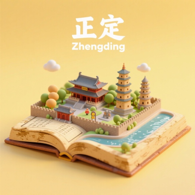 一本打开的古代书籍，书是打开的，书上是正定城市景观微缩模型，有正定的隆兴寺，广惠寺华塔，临济寺澄灵塔，天宁寺凌霄塔，开元寺须弥塔，正定城墙，滹沱河，上方有中文“正定”和英文“Zhengding”，整体预览效果