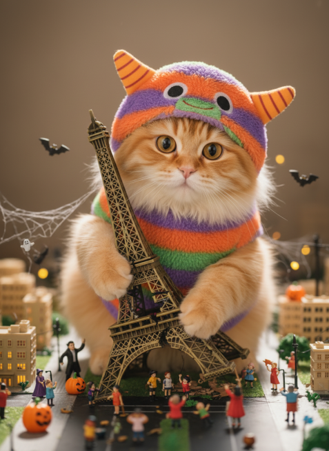 让图片1的小猫变成巨型小猫，穿着小怪兽造型的宠物服，抱住玩具模型的埃菲尔铁塔并破坏埃菲尔铁塔，周边是玩具城市和玩具小人。可爱的万圣节氛围的背景预览效果