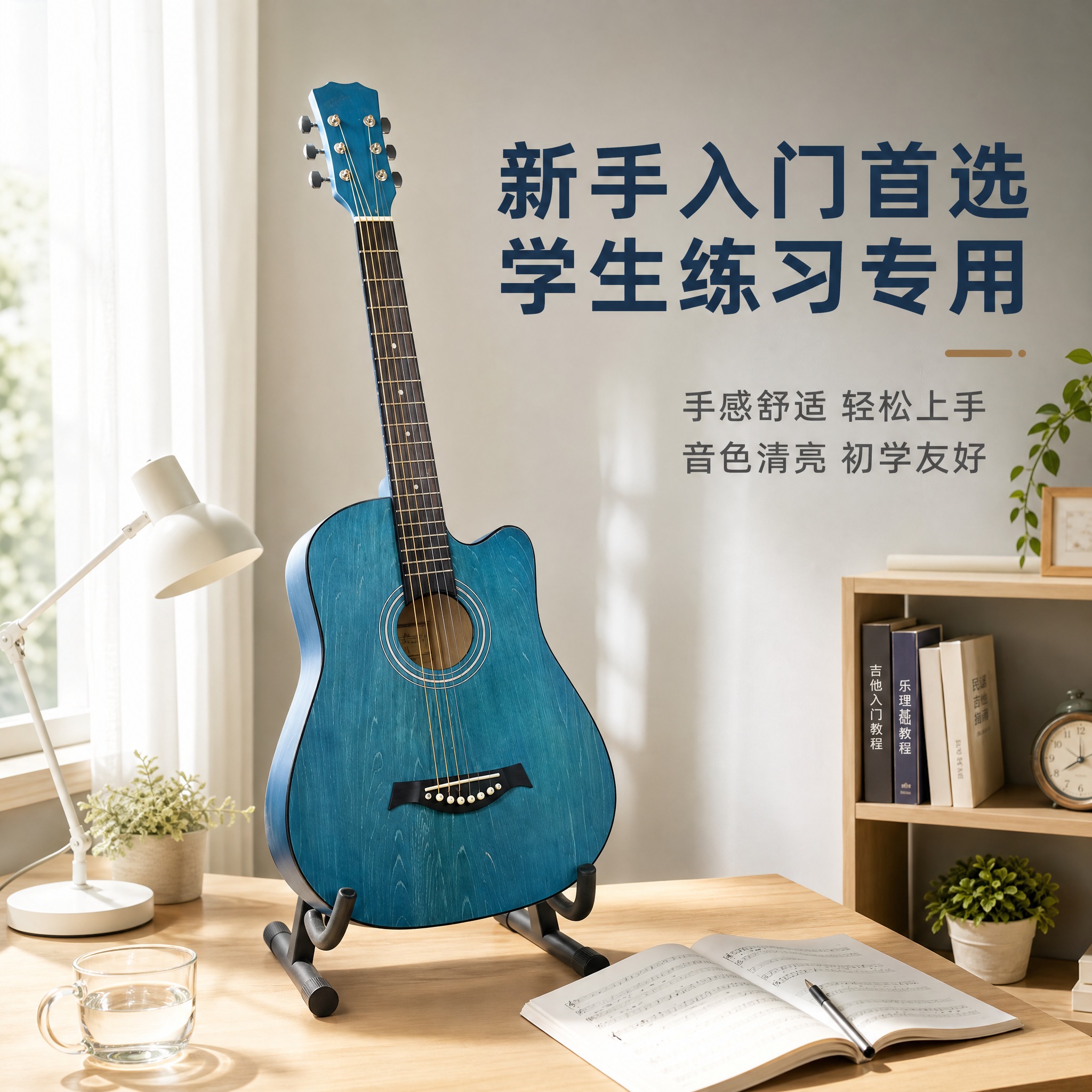 [主图-4] 新手入门场景图，展示吉他在学生卧室/书房的真实使… - 图片创意预览