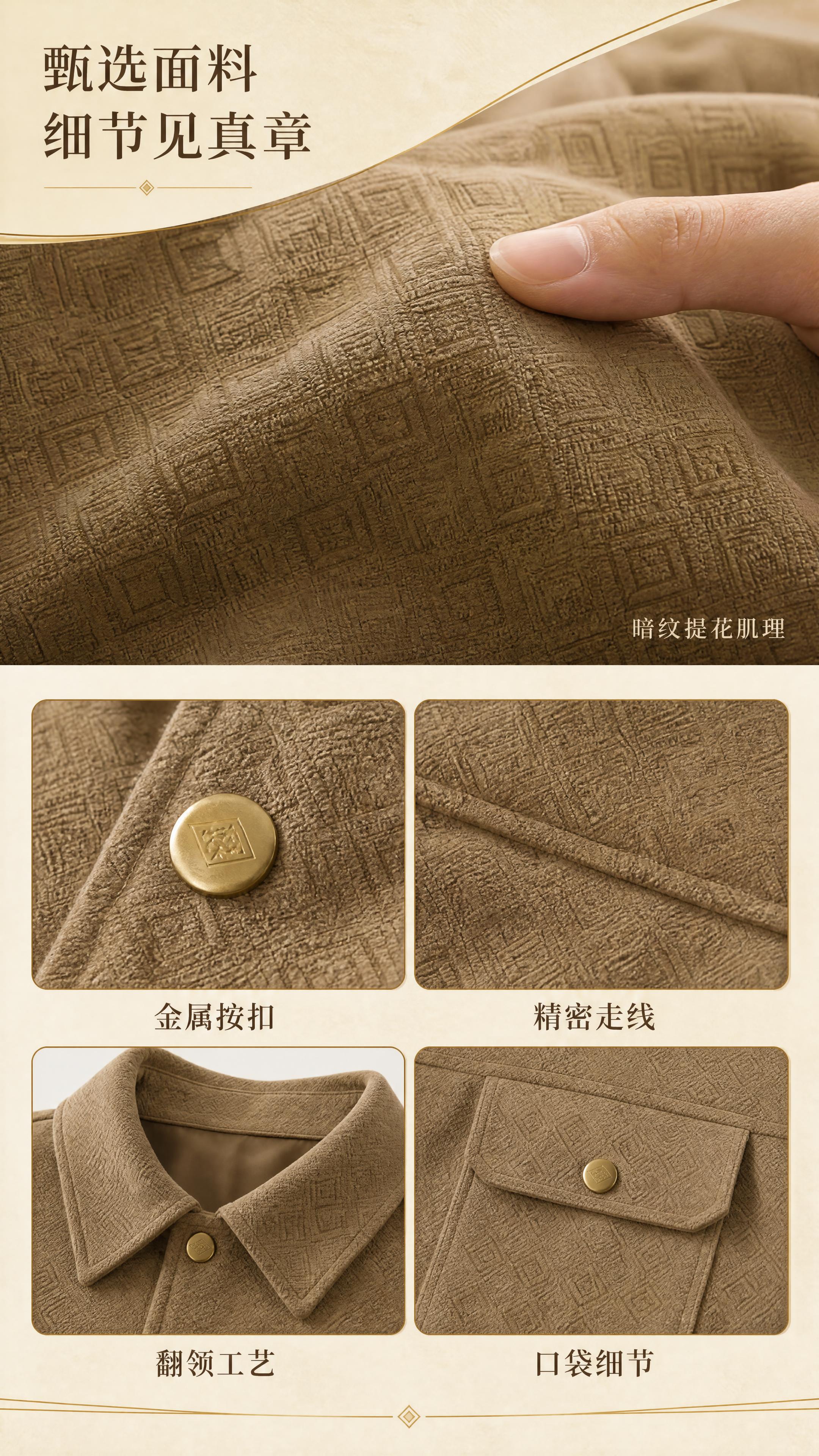 [第4张] 面料工艺页-暗纹肌理与五金细节展示。本张使用【图1… - 图片创意预览