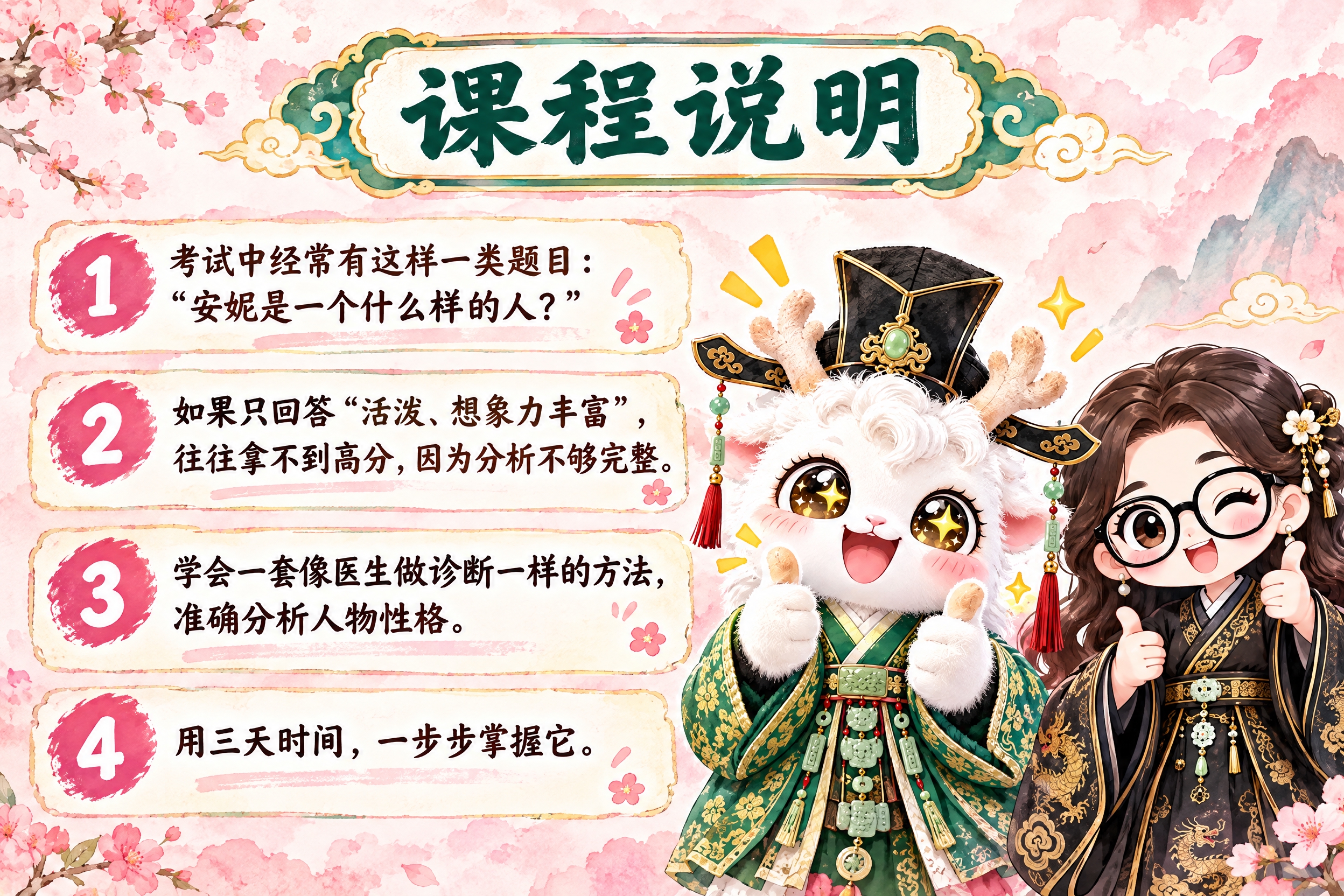 横版6寸比例的知识卡片设计，标题为"课程说明"，内容分四段：考… - 图片创意预览