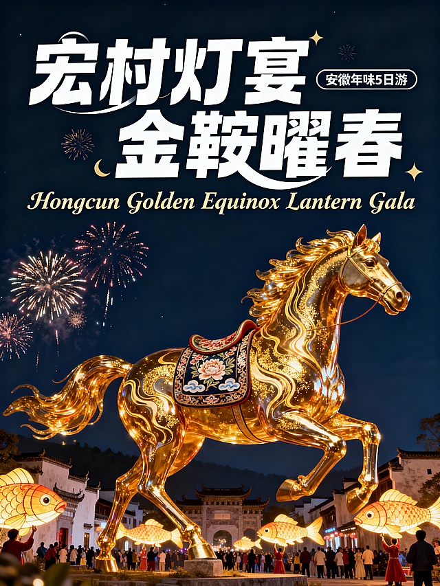 3D卡通风格，主体为一匹由液态金与熔融金属铸造的奔跑鎏金马，表面呈现鎏金流动的纹理与璀璨光泽，细节仿照金银细工与失蜡铸造工艺。马背搭着绣有徽派缠枝莲与祥云纹的织锦鞍垫。背景是安徽宏村徽派古村落夜景，众人举着许多巨大的发光嬉鱼灯游走，夜空中有烟花绽放。画面上方是白色潮流派对风艺术字体“宏村灯宴 金鞍曜春”，字体高低错落，充满动态节奏感；旁侧有小胶囊标题标注“安徽年味5日游”；下方点缀装饰英文“Hongcun Golden Equinox Lantern Gala”。整体采用高级杂志风排版，宏村建筑群、鎏金马、鱼灯人群与烟花背景集中分布在画面下方，视觉占比精准控制在20%，其余区域为大面积的夜空留白。