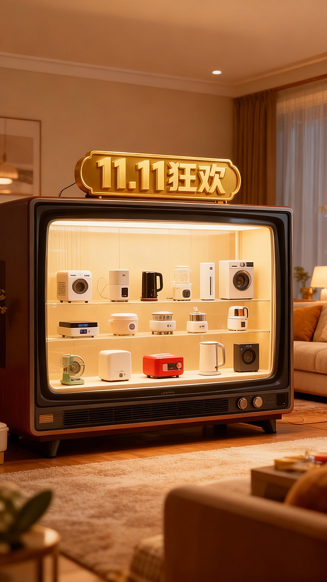 复古电视机化身微缩展厅，鎏金“11.11狂欢”招牌闪耀，3D重拟物家电陈列其中，金属质感与暖光交织，营造双11温馨促销氛围。