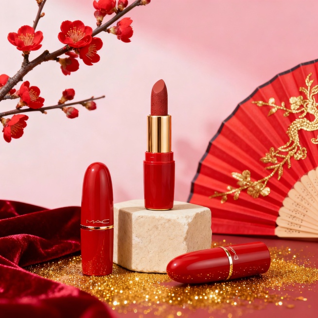 红梅折扇氛围图
 
核心提示词：商业产品摄影，图中口红3支错落摆放，其中一支置于浅米色石质底座上，背景为浅粉色渐变墙面，点缀红色梅花枝、金色闪粉、红色丝绒布和带金色刺绣的红色折扇，整体色调为红金粉三色预览效果
