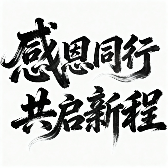 书法字体海报，“感恩同行共启新程”八个字以狂野奔放的草书呈现，视觉张力强，富有动感，超粗笔画流畅飘逸，笔画巧妙延长变形，带有飞白效果，笔画流畅潇洒，干净背景，整体风格如同大师海报作品和电影海报预览效果