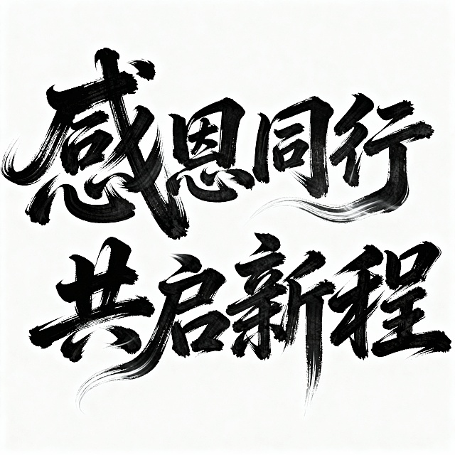 书法字体海报，“感恩同行共启新程”八个字以狂野奔放的草书呈现，视觉张力强，富有动感，超粗笔画流畅飘逸，笔画巧妙延长变形，带有飞白效果，笔画流畅潇洒，干净背景，整体风格如同大师海报作品和电影海报