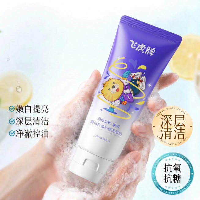 将图1中的浅蓝色洗面奶替换为图2的紫色飞虎牌洗面奶，保持手、泡沫、左侧文字列表、右侧图标及背景等其他元素不变预览效果