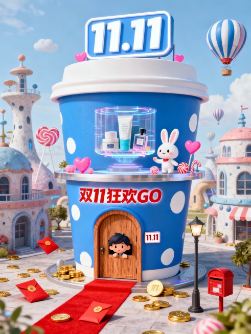 画面中央是一个巨大的蓝色带白色圆点的咖啡杯店铺，顶部有白色字“11.11”的招牌，整体融合未来感与童话色彩。周围有奇特造型的建筑和热气球，增添梦幻氛围。中间悬浮着透视感强的日用商品，作为主要视觉中心。预览效果