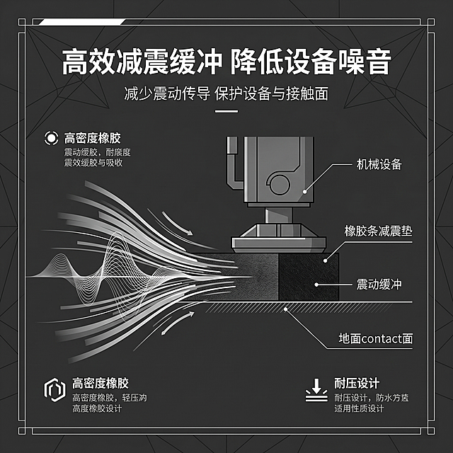 1:1 竖版正方形电商主图，以功能可视化创意设计，简约科技风工业排版，背景为低调几何科技线条底纹，中间以示意图形式展示橡胶条作为减震垫，安装在机械设备与地面之间，用动态线条模拟震动被缓冲的效果；主标题「高效减震缓冲 降低设备噪音」，副标题「减少震动传导 保护设备与接触面」；文字居中分层排版，关键功能点用白色高亮，整体风格科技高级、极简轻奢，用视觉图形直观呈现产品减震性能优势，排版精致有设计感，8K 超高清写实质感，高级工业极简统一风格，中文全部采用无衬线硬朗黑体字体，排版轻奢杂志风，主色调黑色 #000000、哑光深灰 #333333，辅助色白色 #FFFFFF 做点缀，整体画面高级不杂乱、视觉冲击力强