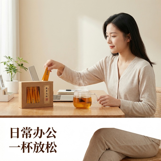 [主图 4 场景体验]果香肉桂茶叶居家办公场景，年轻女生（亚洲面孔）坐在简约办公桌前，面前放着泡好的肉桂茶和产品包装盒，女生伸手拿取独立茶包，呈现舒适的办公休闲场景，背景为干净的浅米色墙面，桌面简约整预览效果