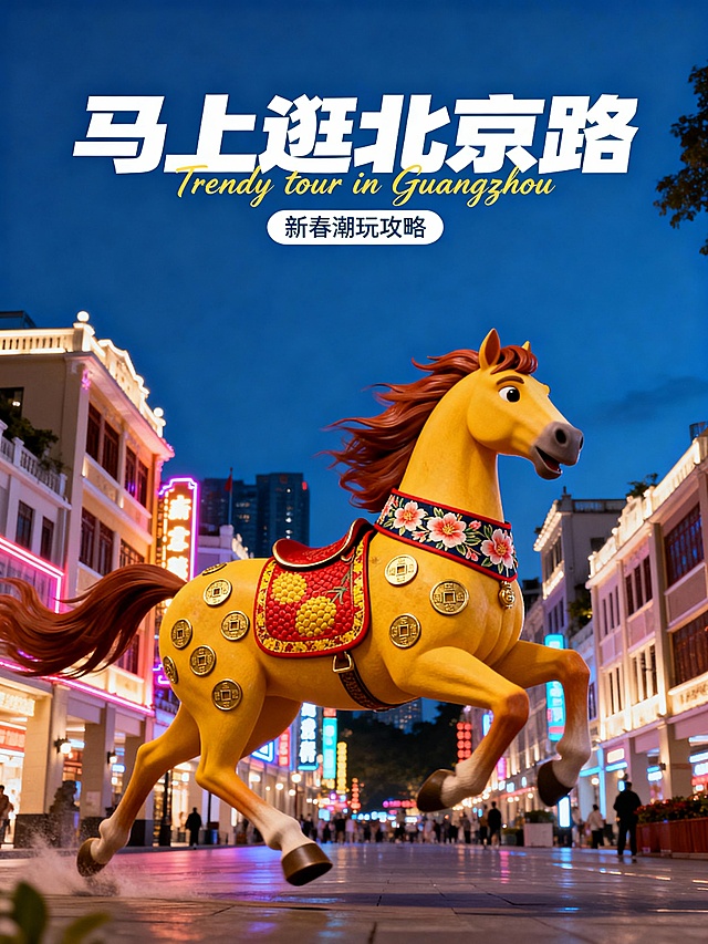 3D 卡通马形象，全身为暖黄色，鬃毛和尾巴为焦糖色，神情活力满满。正在广州北京路的商圈街头奔跑。马脖子上戴着广绣木棉纹中国风项圈，背部披着粤绣马鞍，装饰有红、金、黄交织的荔枝纹样，身上有金色铜钱纹。背景的北京路灯火璀璨，骑楼建筑霓虹闪烁，大部分为傍晚的深蓝天空。**“马上逛北京路”** 白色潮流派对风格艺术字体在上方，字体有高低的节奏和动感，搭配小胶囊标题 “新春潮玩攻略”，和装饰英文 “Trendy tour in Guangzhou”，高级杂志风格排版。所有建筑和主体在下方占比为 30%，大面积留白。