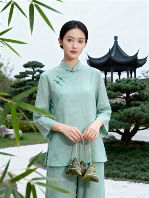 生成新中式国风人物写真，清冷新中式风格，低饱和青绿莫兰迪色调，留白感强，柔和漫射光，竹影自然投影增加画面层次，极简留白构图，前景竹叶虚化，氛围清冷克制雅致书卷气；清透奶油肌，真实皮肤纹理，白皙通透，细预览效果