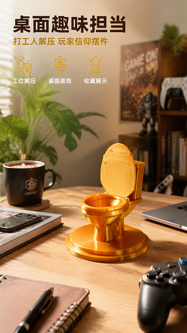 [第5张] 场景展示-桌面趣味摆件实拍。本张使用【图1】作为产品主体。
[氛围/风格] 温馨桌面场景，暖色调与金色产品呼应，生活感强，商业摄影质感。
[元素布局] 黄金马桶摆件放置在浅色木质桌面上，旁边有手机、笔记本、咖啡杯、游戏手柄等桌面物品，营造趣味游戏玩家桌面氛围。保持产品外观（即物理结构、材质质感、颜色）与输入产品图一致，杜绝任何变形和色差，精细化处理；马桶盖打开状态，稳稳立在桌面上，金色在暖光下闪闪发光。桌面背景有虚化的绿植叶片、书架、游戏海报等装饰，营造温馨趣味桌面氛围。商品主体占比约40%。
[光影质感] 自然光从左上方窗户射入，柔和漫射光，桌面有自然光影；产品受光面清晰，金色反光自然，暗部有环境光补充；整体暖色调，温馨有趣。
[配色色系] 全局底色 暖木色桌面+浅白墙背景（场景色）；主色纯金色（产品）；辅助色深棕（文字）；整体暖色调与产品金色呼应。
[视角构图] 平视微侧角度，产品为视觉中心偏右，左侧留白放文案；前景桌面有少量留白，背景虚化突出主体；场景沉浸感强。
[文字版式] 画面上方留白区左对齐。主标题"桌面趣味担当"，深棕色大号粗体无衬线。副标题"打工人解压 玩家信仰摆件"，金色中号。下方三个金色小图标+白色小字横向排列："工位解压"、"桌面装饰"、"收藏展示"。文字放在画面上方安全区，不遮挡产品主体。
[比例分辨率] 9:16 竖版比例，4K 分辨率，文字清晰可辨，高清画质。
[负向提示词] 变形，水印，文字错乱，文字过小，缺件错件，结构错误，颜色偏差，产品图模糊，背景杂乱，电商平台Logo，多余的手，多余的手指，畸形手，融合手指，手部扭曲，肢体穿模，人物面部扭曲，关节反折。