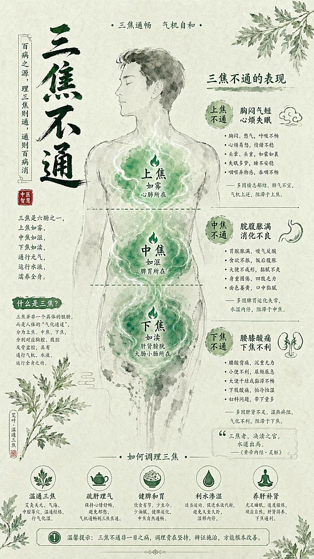 Vertical educational poster, 9:16, pale green rice paper texture background with subtle mugwort leaf silhouettes. Center: ink wash outline of human torso, the three burning spaces (upper, middle, lower Jiao) highlighted in soft emerald gradients. Small Chinese text areas explaining symptoms of blockage (chest tightness, bloating, backache). Scholarly yet modern TCM infographic style, clean, professional.