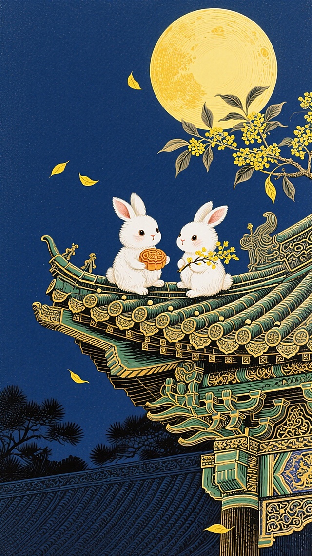 中式古典插画风，工笔细腻，拟人化玉兔持月饼与桂花，鎏金屋檐映满月，刺绣质感营造梦幻温馨中秋意境。