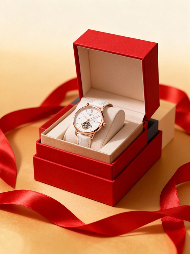 奢华感与优雅感交织，金属风表壳搭配皮质风表带，重拟物风礼盒呈现真实质感，浮雕风细节凸显精致工艺，节日氛围浓厚。