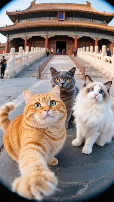 在故宫前，一只胖橘猫一只英短和一只布偶猫怼着鱼眼镜头卖萌，画面被它蓬松的毛发和呆萌的圆眼睛撑满。它们就像来故宫旅游的游客一样自拍  猫眼镜头预览效果