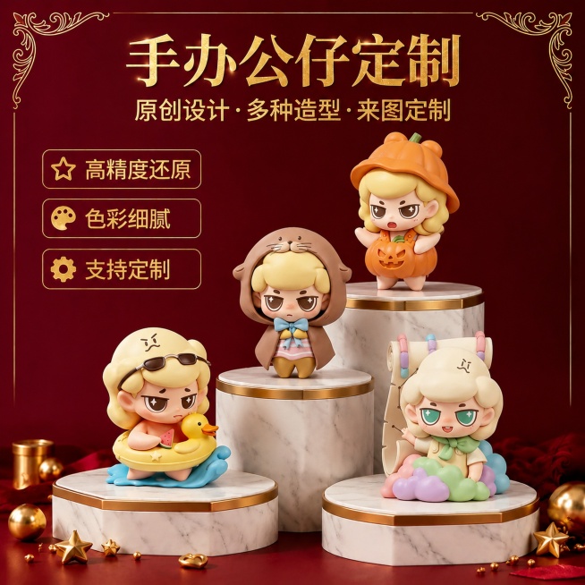 「图片1」「图片1」「图片1」「图片1」「图片1」「图片1」参考图六的卡通公仔形象，修改整体版式设计，以及修改展台的摆放位置，将图六的公仔放入新的主图中预览效果