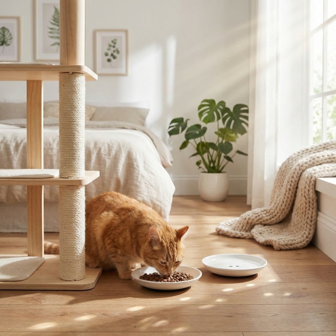 一张温馨治愈的猫咪宠物用品场景图，卧室地面上，一只猫咪低头吃猫粮，两个15厘米宽超小白色陶瓷猫碗放在地面，一个猫碗装着猫粮，另一个装着水，保持两个陶瓷猫碗主体物理结构不变，整体是北欧自然风，柔和的自然预览效果