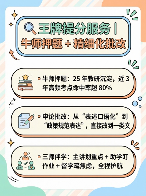 请你帮我把这个文案制作成小红书调性的文章配图海报，图片规格是1242px x 1660px规格，风格要简约活泼的
🔍王牌提分服务｜牛师押题 + 精细化批改
▫️牛师押题：25 年教研沉淀，近 3 年预览效果